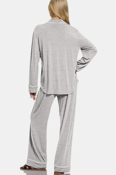 Zenana Button Down Long Sleeve Top and Pants Lounge Set | Hanalas