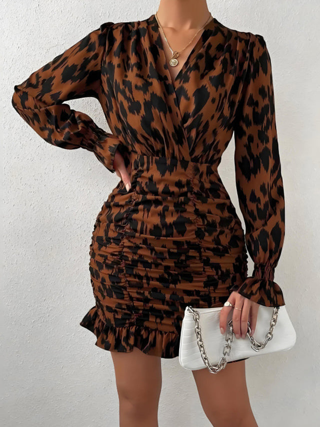 Ruched Ruffled Leopard Surplice Long Sleeve Dress | Hanalas