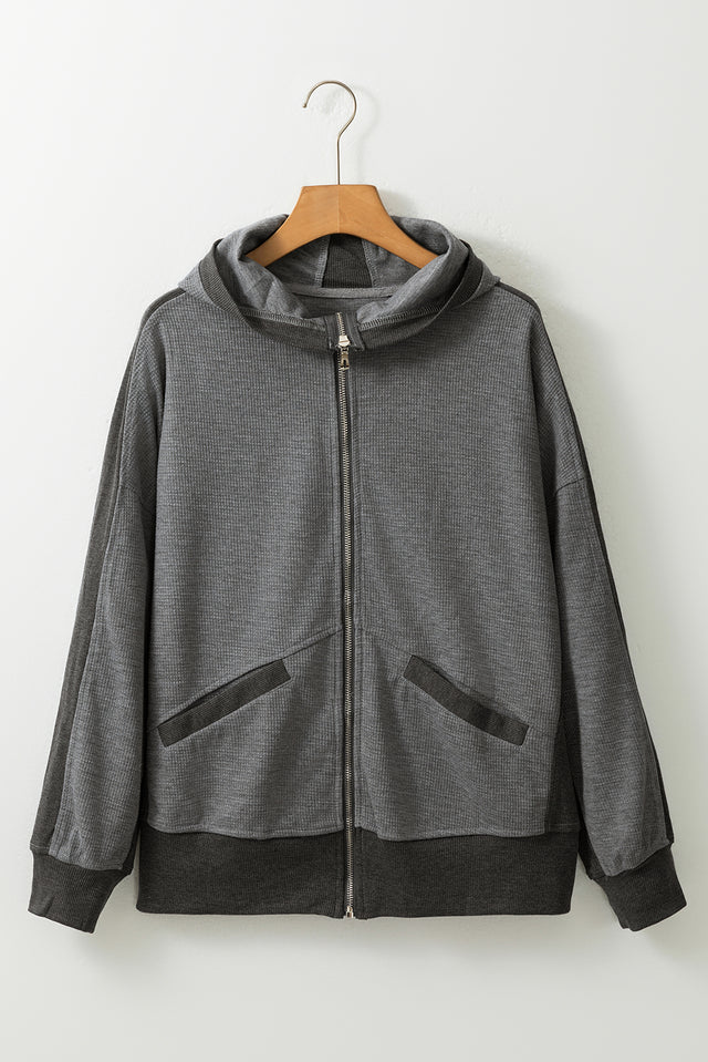 Waffle-Knit Pocketed Zip Up Hooded Jacket | Hanalas