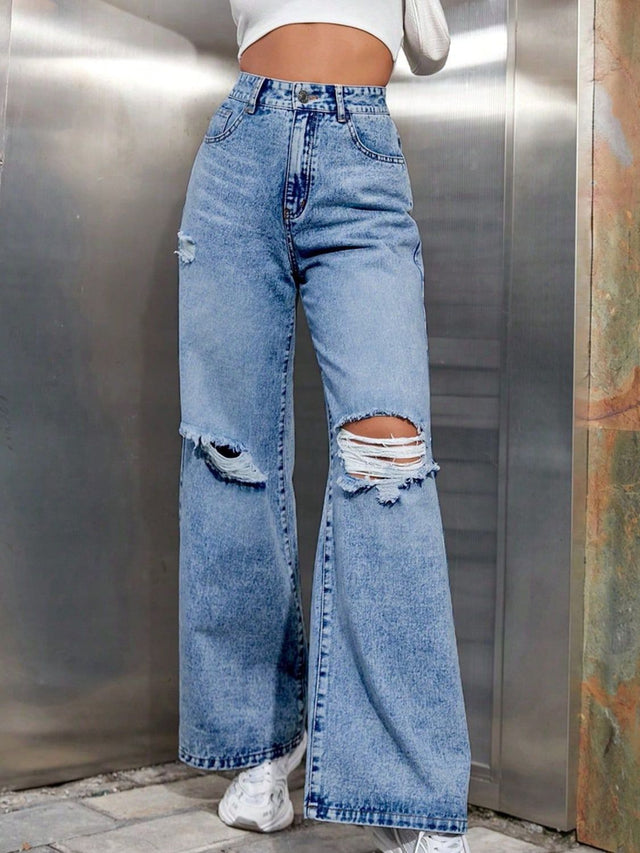 Distressed Wide Leg Jeans with Pockets Trendsi Hanalas