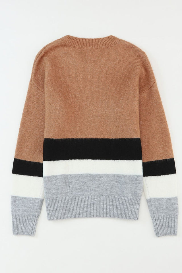 Color Block Round Neck Dropped Shoulder Sweater | Hanalas