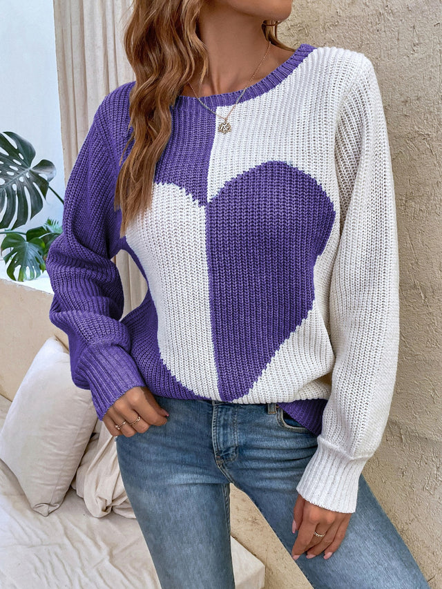 Contrast Heart Round Neck Long Sleeve Sweater | Hanalas