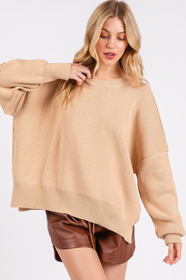 Mittoshop Side Slit Round Neck Drop Shoulder Sweater | Hanalas