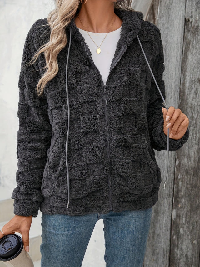 Checkered Texture Zip Up Drawstring Fuzzy Jacket | Hanalas