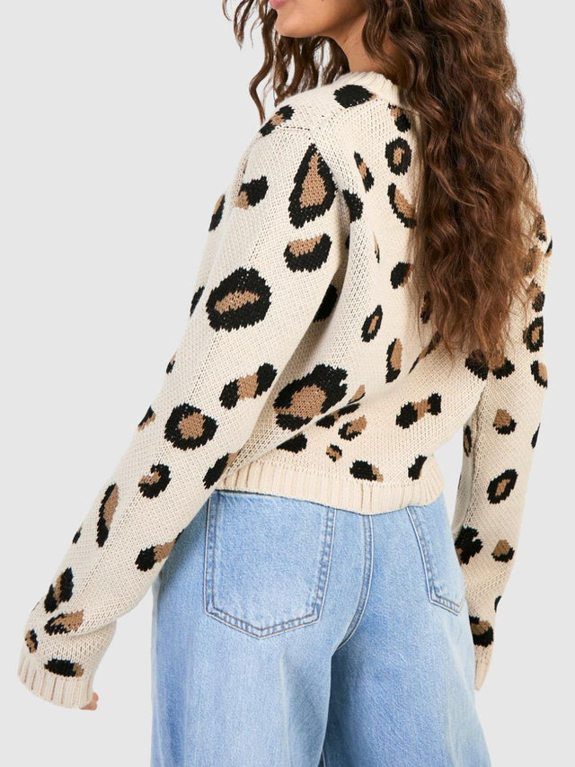 Tied Leopard Round Neck Cardigan | Hanalas