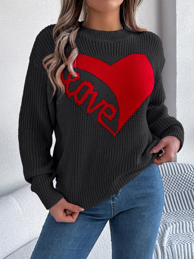 LOVE Heart Round Neck Dropped Shoulder Sweater | Hanalas