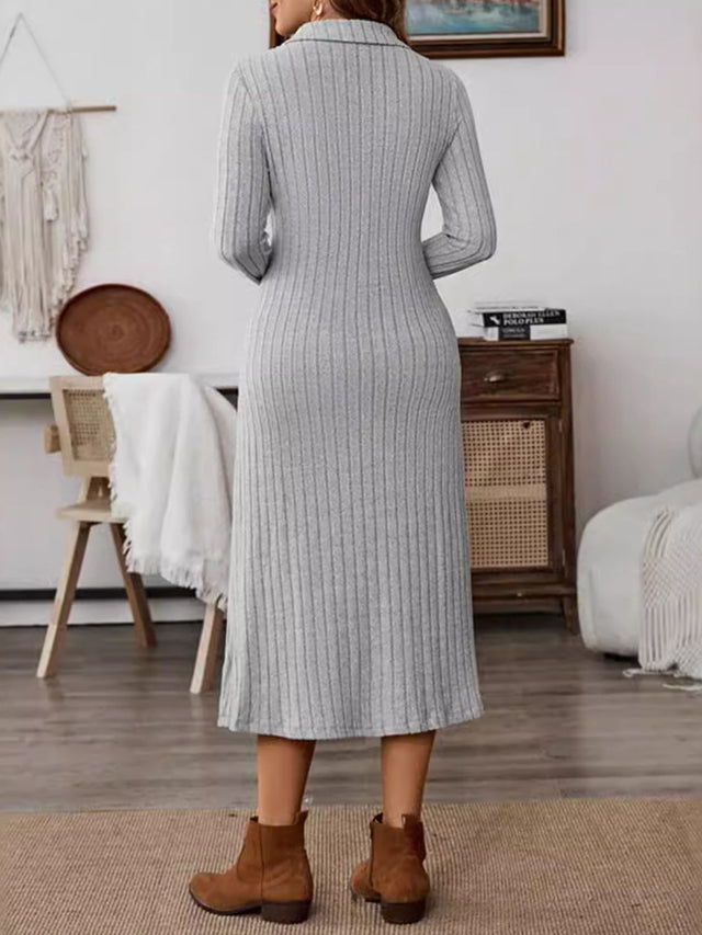 Collared Neck Long Sleeve Midi Dress Trendsi Hanalas