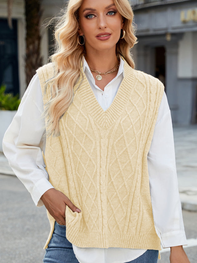 Cable Knit V-Neck Sweater Vest Trendsi Hanalas