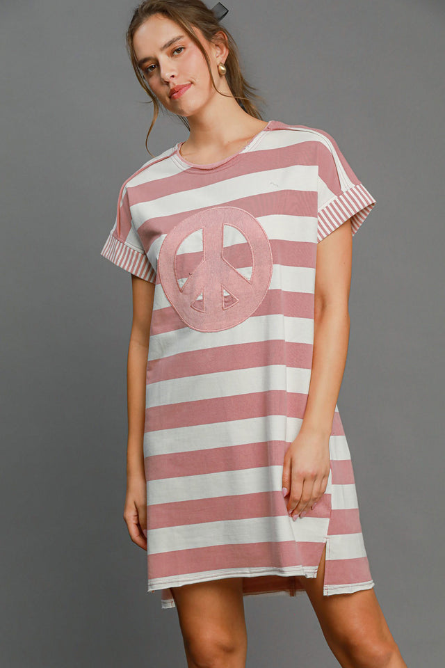 Umgee Peace Applique Striped Short Sleeve Mini Dress | Hanalas