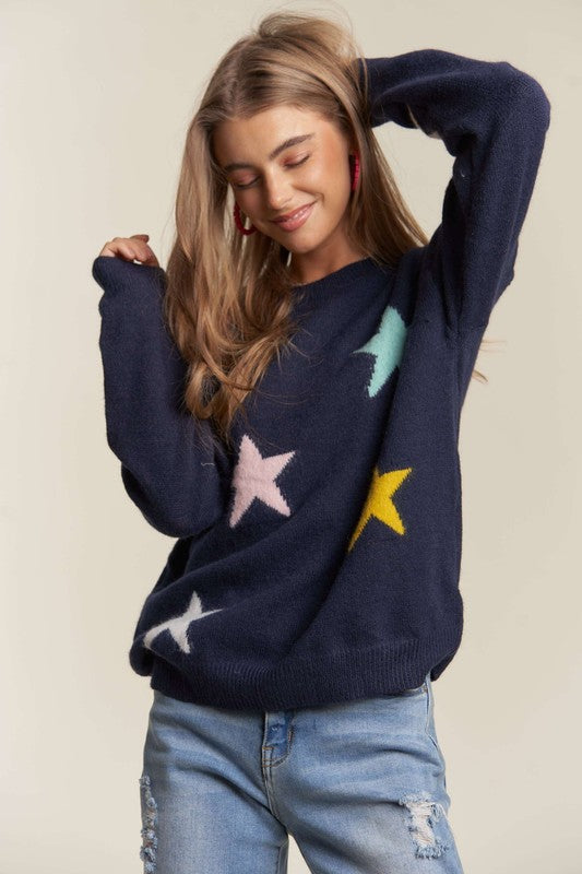 ADORA Stars Pattern Round Neck Drop Shoulder Sweater | Hanalas