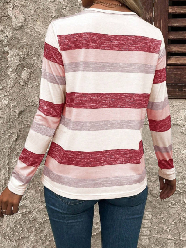 Contrast Striped V-Neck Long Sleeve T-Shirt | Hanalas