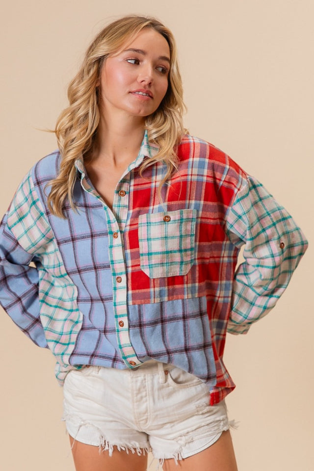 BiBi Color Block Plaid Button Down Shirt | Hanalas