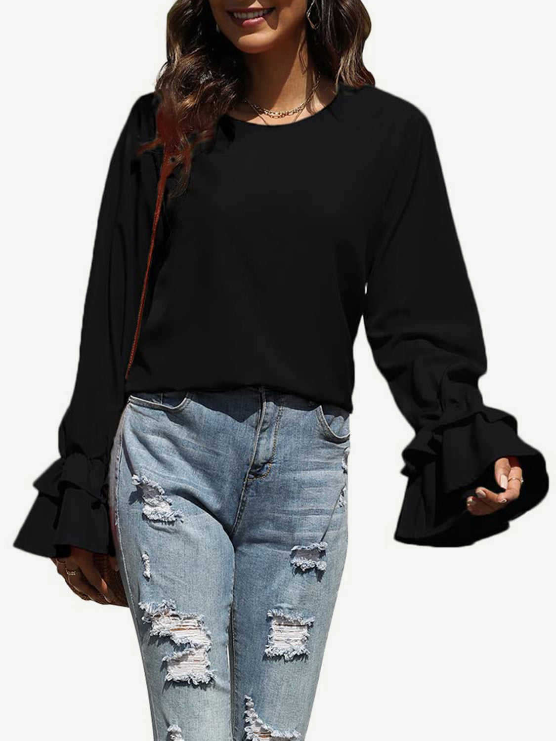 Round Neck Double-Layered Flounce Sleeve Top