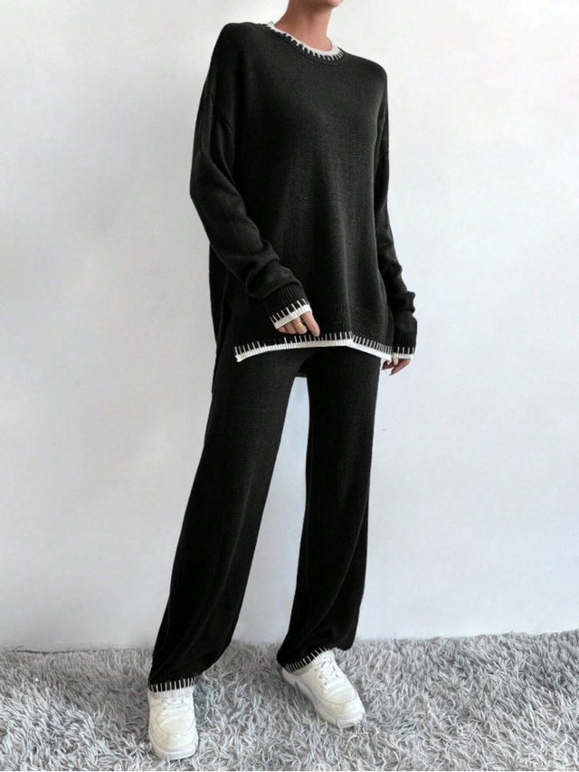 Side Slit Contrast Trim Round Neck Top and Pants Sweater Set | Hanalas