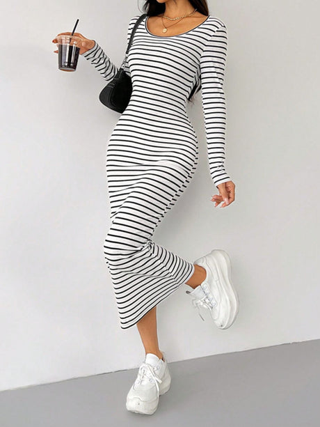 Striped Scoop Neck Long Sleeve Midi Tee Dress | Hanalas