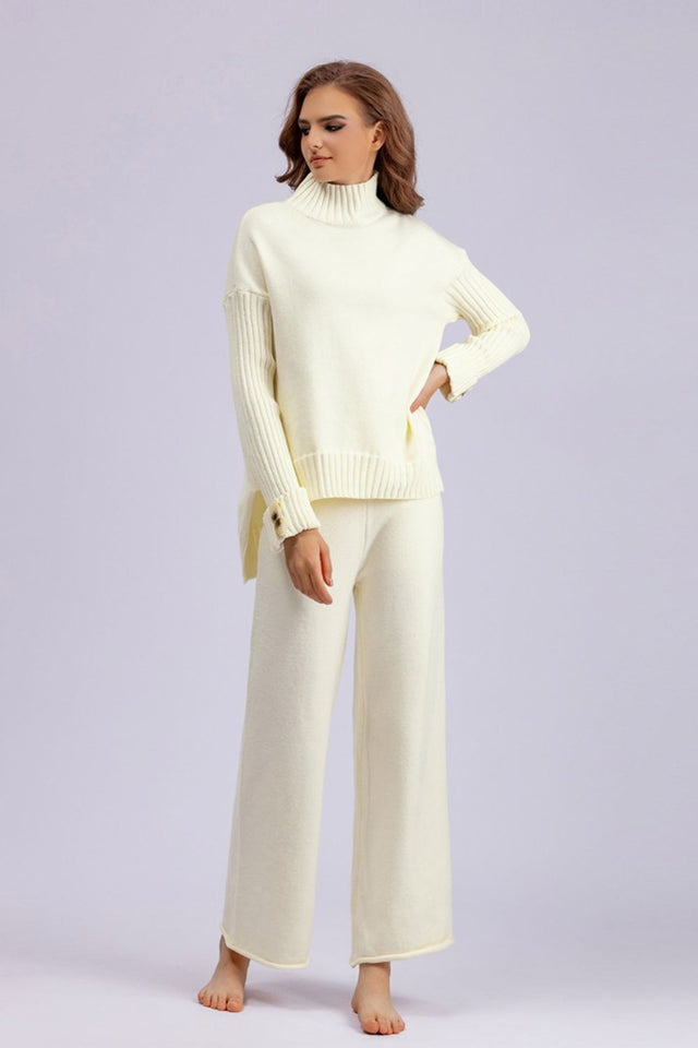 Basic Bae High- Low Turtleneck Long Sleeve Top and Pants Sweater Set Trendsi Hanalas