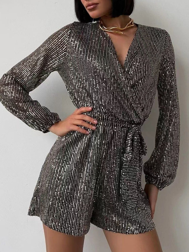 Full Size Sequin Surplice Tie Waist Long Sleeve Romper | Hanalas