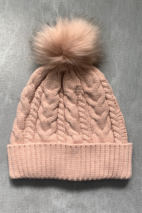 Cable-Knit Cuffed Hat with Pom-pom | Hanalas