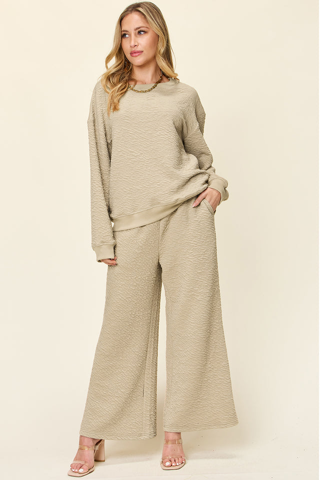 Double Take Full Size Texture Long Sleeve Top and Pants Set | Hanalas