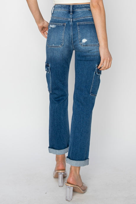 RISEN Full Size High Rise Cargo Ankle Roll Up Straight Jeans | Hanalas