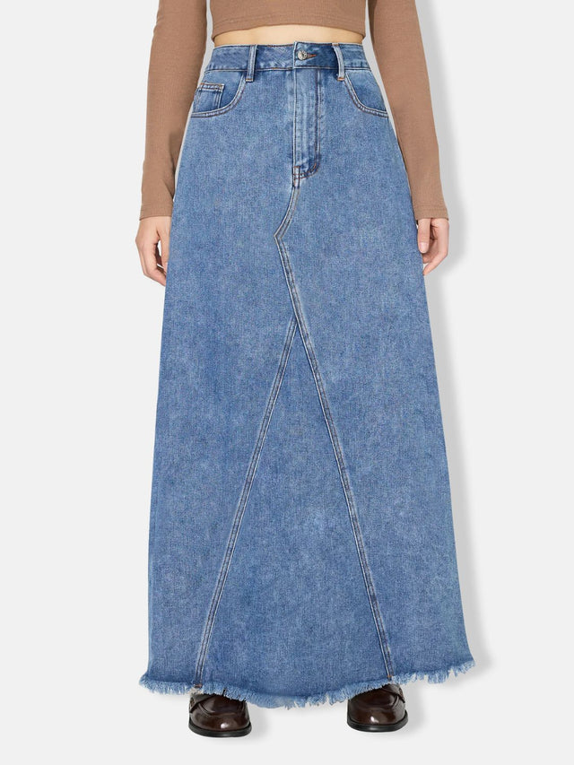 Raw Hem Maxi Denim Skirt Trendsi Hanalas