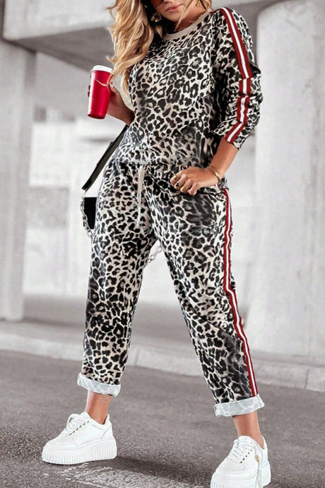 Plus Size Leopard Round Neck Top and Pants Set | Hanalas