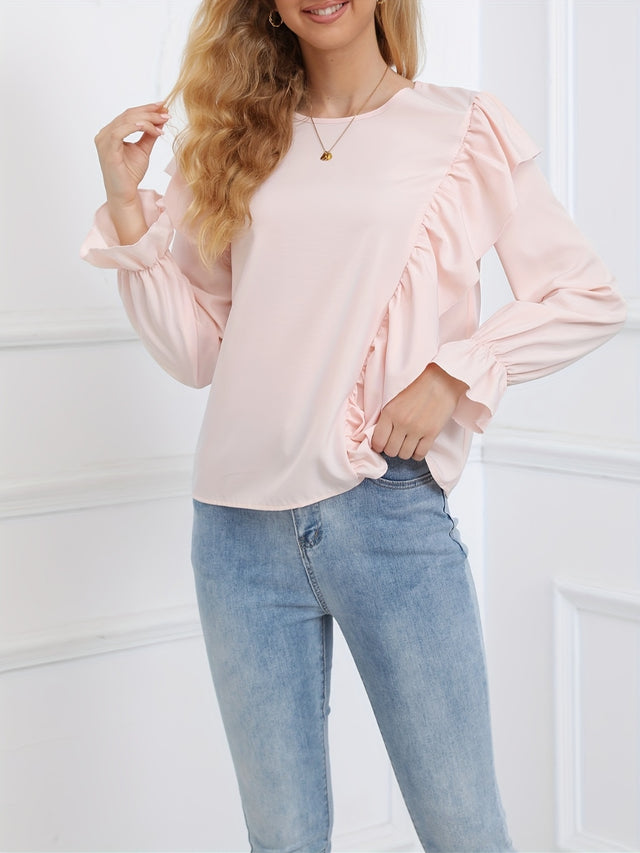 Ruffled Round Neck Long Sleeve Blouse | Hanalas