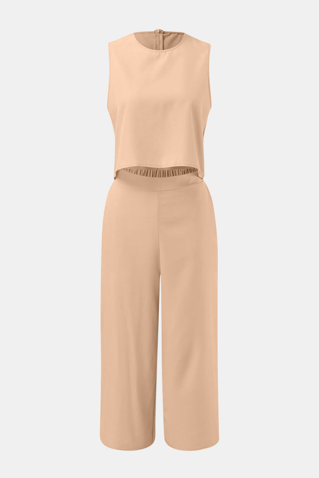 Round Neck Top and Wide Leg Pants Set | Hanalas