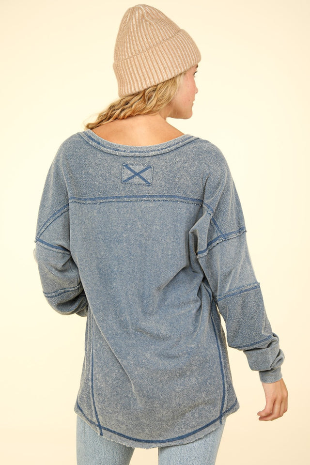 VERY J Washed V-Neck Exposed Seam Knit Top | Hanalas