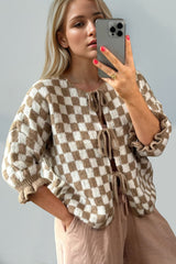 Double Take Tied Checkered Dropped Shoulder Flounce Sleeve Cardigan