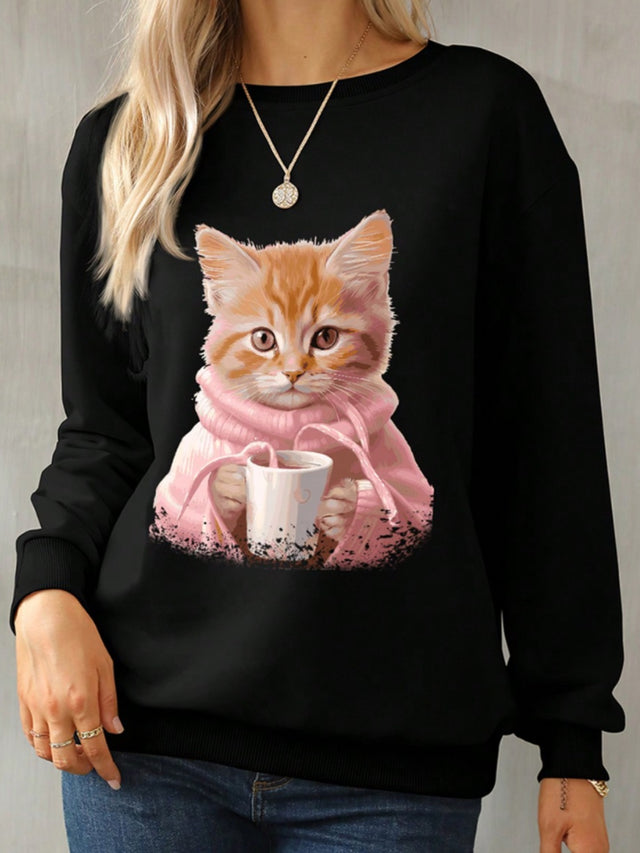 Cat Round Neck Long Sleeve Sweatshirt | Hanalas