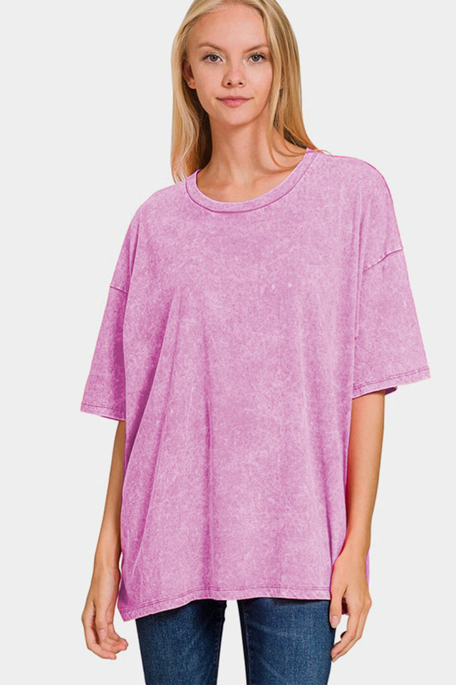 Zenana Full Size Washed Round Neck Drop Shoulder Oversized T-Shirt | Hanalas