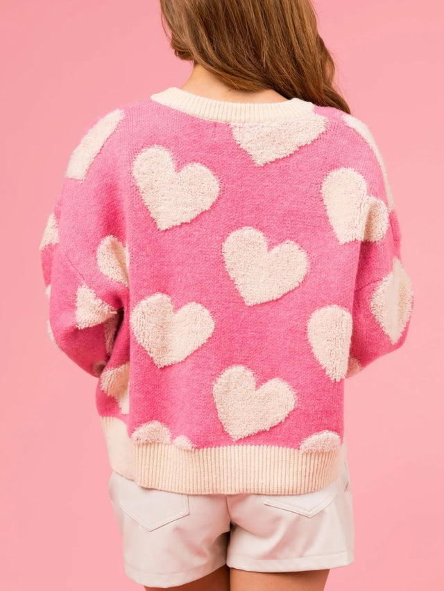 Valentine’s Day Fuzzy Heart Round Neck Long Sleeve Sweater | Hanalas