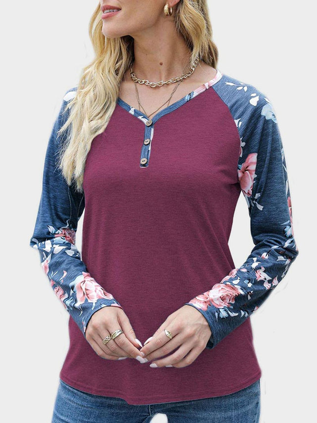 V-Neck Floral Long Sleeve T-Shirt | Hanalas