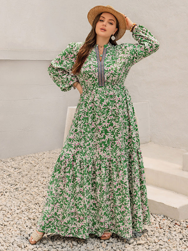 Plus Size Printed Notched Long Sleeve Maxi Dress Trendsi Hanalas