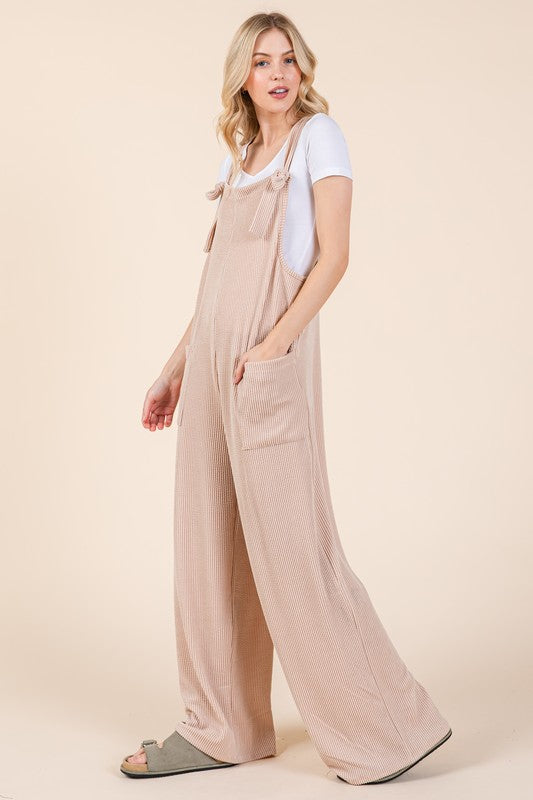 BOMBOM Knot Straps Wide Leg Ribbed Overalls with Pockets | Hanalas