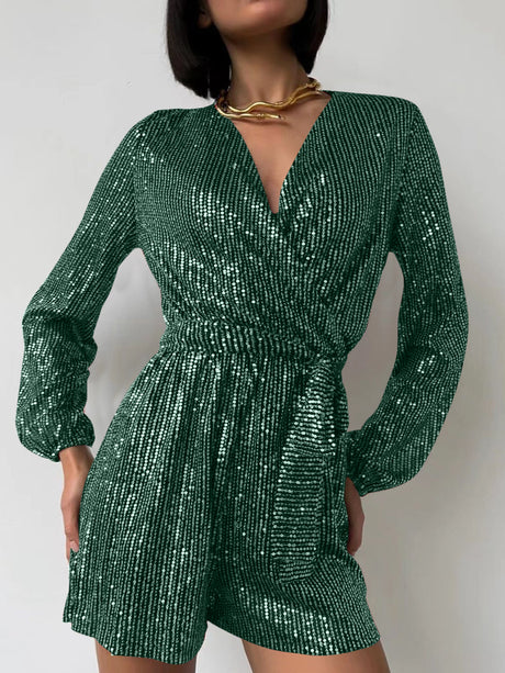 Full Size Sequin Surplice Tie Waist Long Sleeve Romper | Hanalas