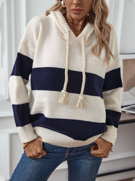 Drawstring Contrast Stripe Dropped Shoulder Hooded Sweater Trendsi Hanalas