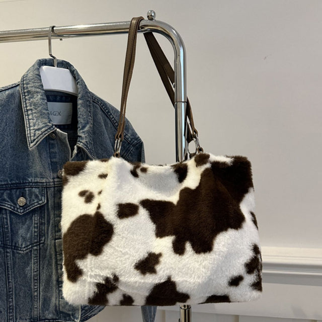 Cow Print Furry Tote Bag Trendsi Hanalas