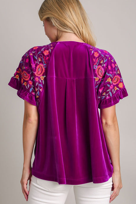 Umgee Full Size Velvet Embroidery Short Sleeve Blouse | Hanalas