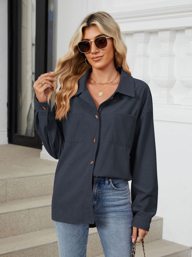 Button Up Long Sleeve Shirt with Breast Pockets Trendsi Hanalas