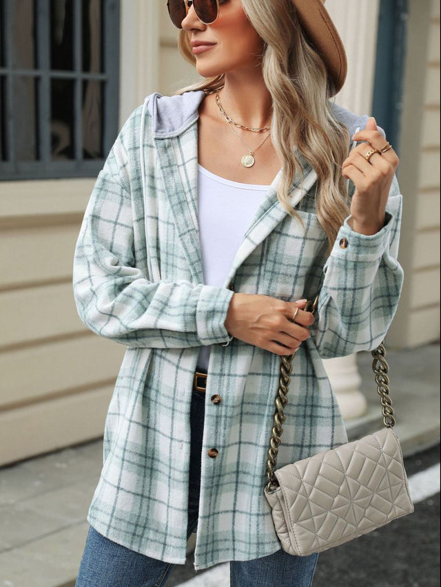 Drawstring Plaid Button Up Hooded Jacket Trendsi Hanalas