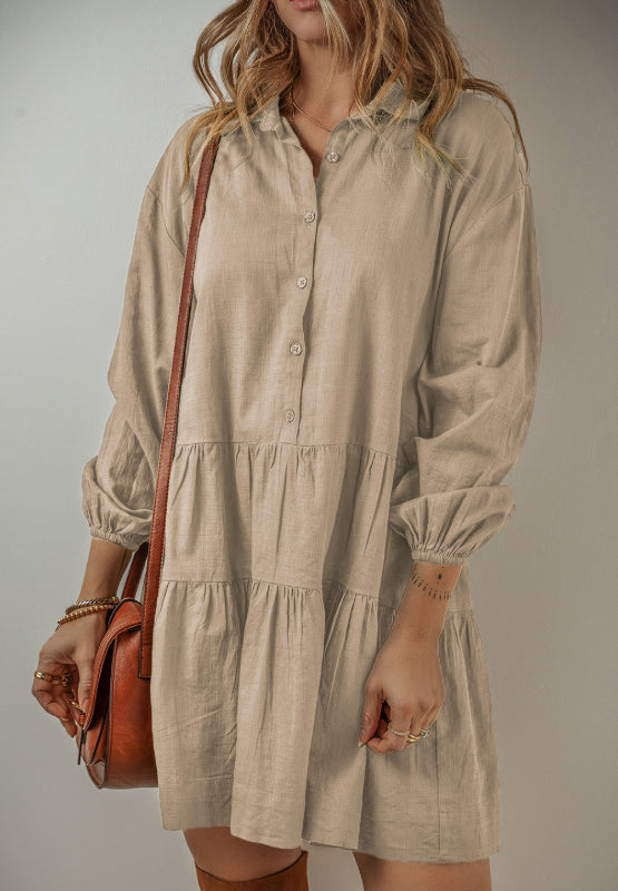 Tiered Collared Neck Balloon Sleeve Shirt Dress | Hanalas