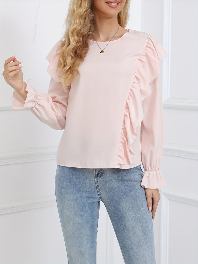 Ruffled Round Neck Long Sleeve Blouse | Hanalas