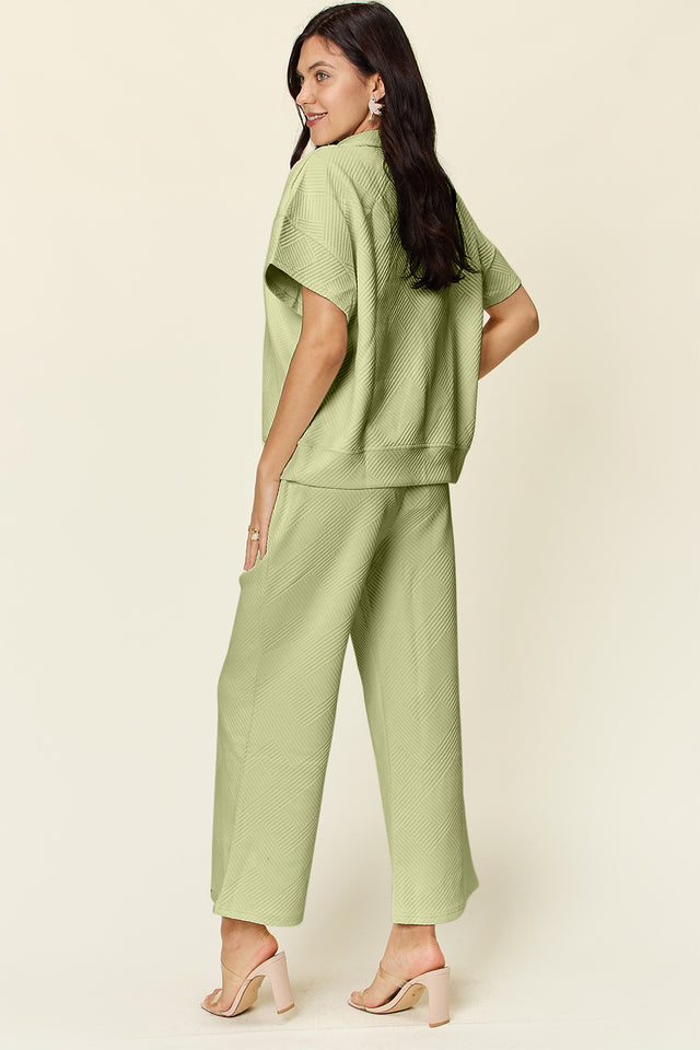 Double Take Full Size Texture Half Zip Short Sleeve Top and Pants Set | Hanalas