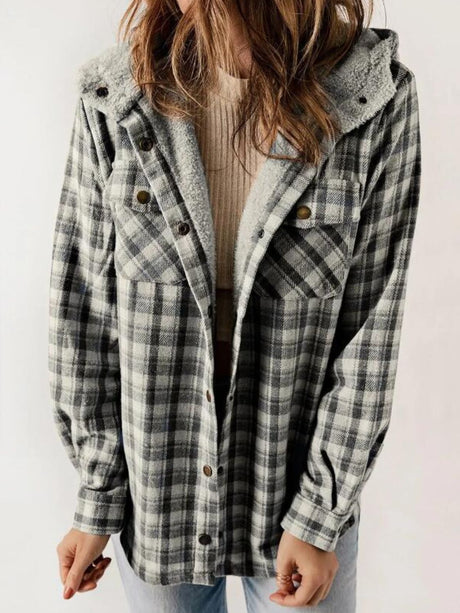 Plaid Snap Down Plush Hooded Jacket | Hanalas