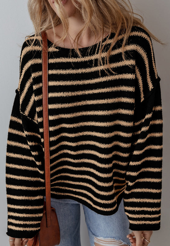 Stripe Drop Shoulder Round Neck Sweater | Hanalas