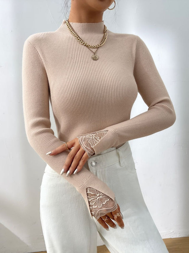 Lace Detail Mock Neck Long Sleeve Sweater | Hanalas