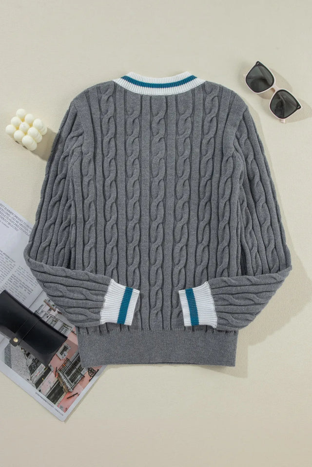 Cable-Knit V-Neck Long Sleeve Sweater Trendsi Hanalas