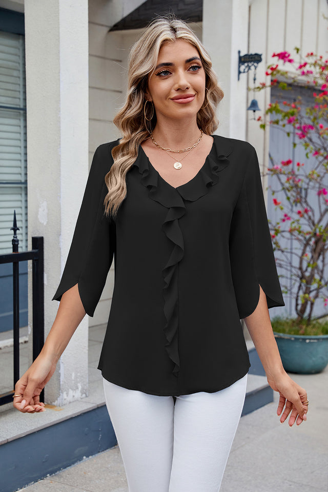 Ruffled V-Neck Three-Quarter Sleeve Blouse | Hanalas